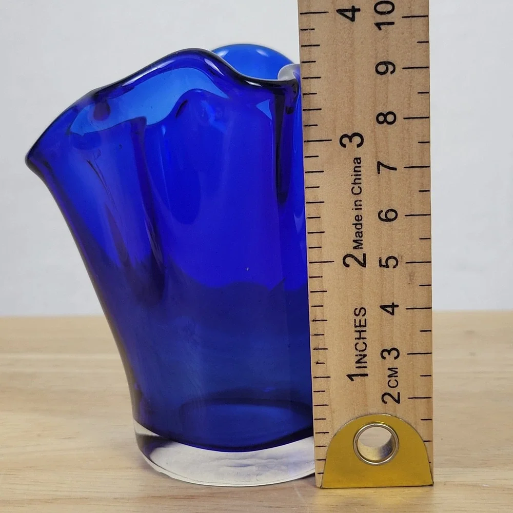 Vintage Cobalt Blue Art Glass Handkerchief Vase Hand Blown Mid Century Style
